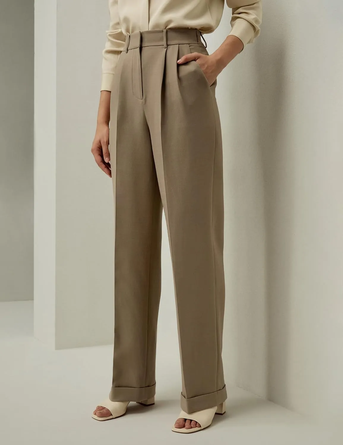 LilySilk Women Silk-Wool Blend Suit Pants Minimalist Solid Straight Leg Loose Work Trousers for Ladies Spring Casual Khaki