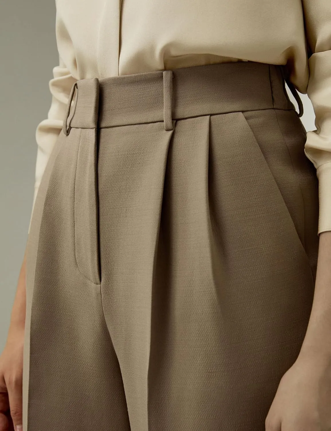 LilySilk Women Silk-Wool Blend Suit Pants Minimalist Solid Straight Leg Loose Work Trousers for Ladies Spring Casual Khaki