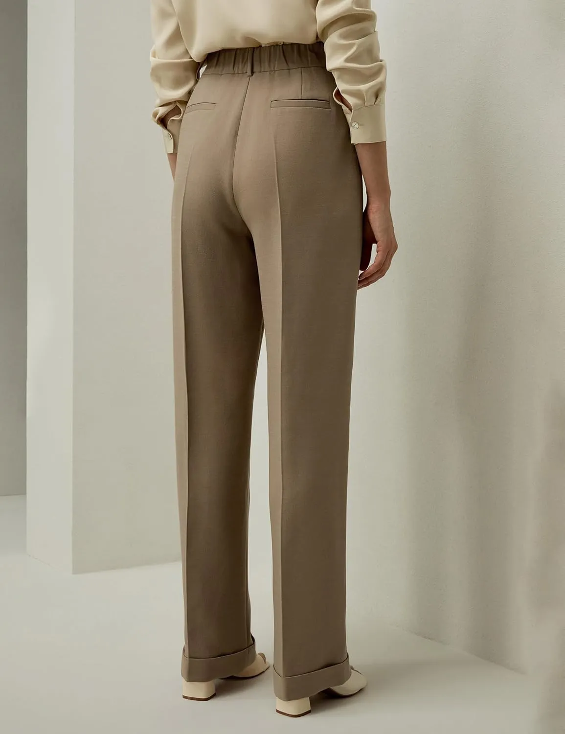 LilySilk Women Silk-Wool Blend Suit Pants Minimalist Solid Straight Leg Loose Work Trousers for Ladies Spring Casual Khaki