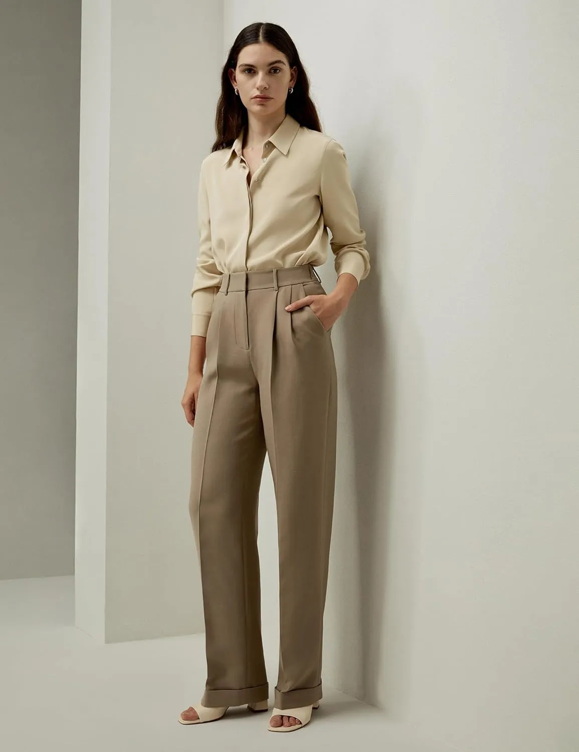 LilySilk Women Silk-Wool Blend Suit Pants Minimalist Solid Straight Leg Loose Work Trousers for Ladies Spring Casual Khaki