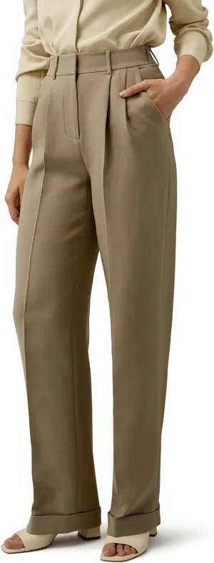 LilySilk Women Silk-Wool Blend Suit Pants Minimalist Solid Straight Leg Loose Work Trousers for Ladies Spring Casual Khaki