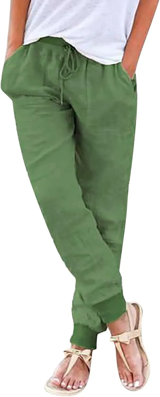 Linen Crop Pants for Women Casual Summer Elastic Waist Loose Fit Straight Leg Crop Pants Beach Trousers with Pockets