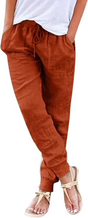 Linen Crop Pants for Women Casual Summer Elastic Waist Loose Fit Straight Leg Crop Pants Beach Trousers with Pockets