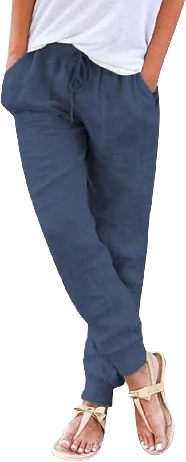 Linen Crop Pants for Women Casual Summer Elastic Waist Loose Fit Straight Leg Crop Pants Beach Trousers with Pockets