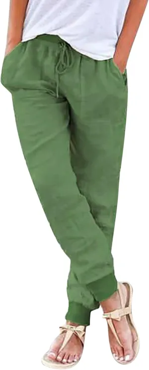 Linen Crop Pants for Women Casual Summer Elastic Waist Loose Fit Straight Leg Crop Pants Beach Trousers with Pockets