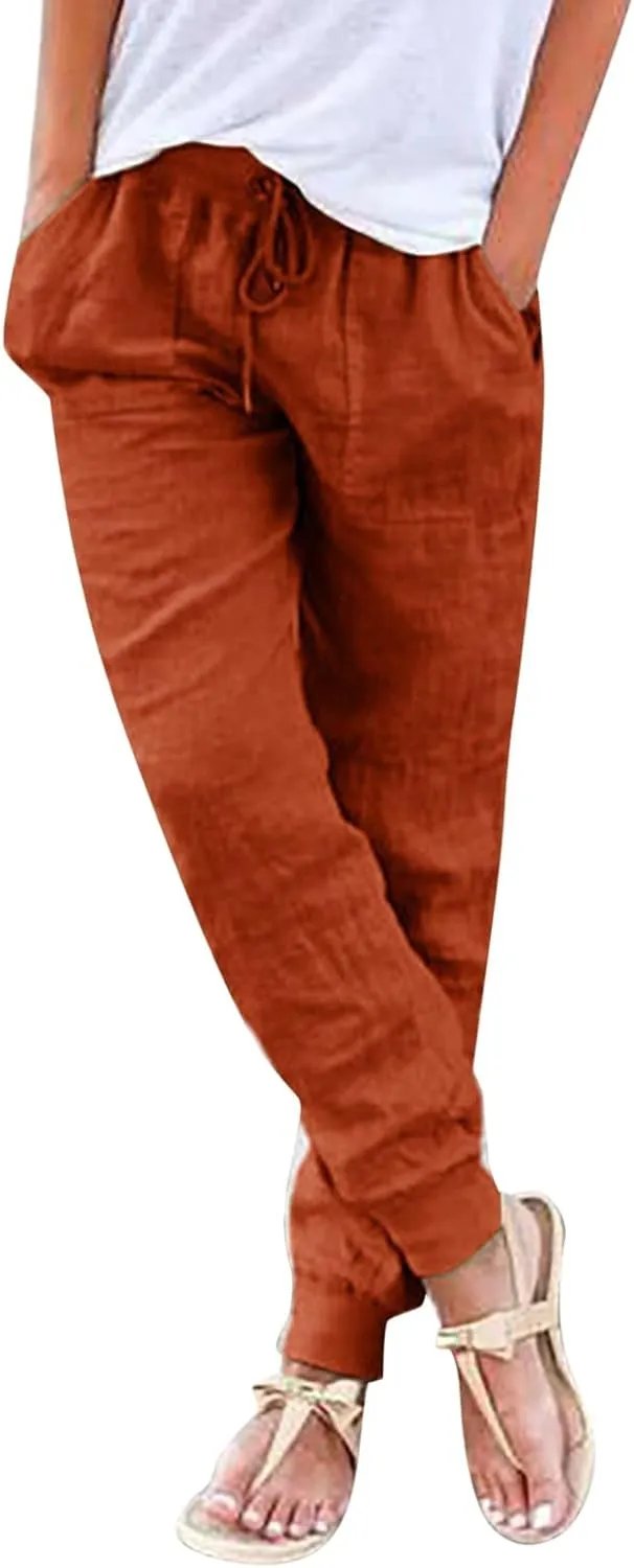 Linen Crop Pants for Women Casual Summer Elastic Waist Loose Fit Straight Leg Crop Pants Beach Trousers with Pockets