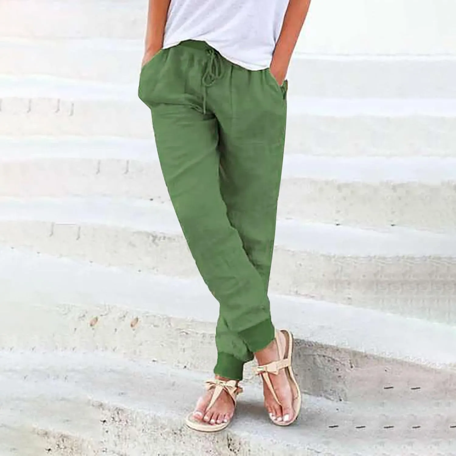 Linen Crop Pants for Women Casual Summer Elastic Waist Loose Fit Straight Leg Crop Pants Beach Trousers with Pockets