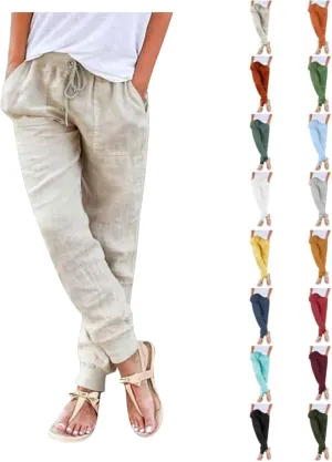 Linen Crop Pants for Women Casual Summer Elastic Waist Loose Fit Straight Leg Crop Pants Beach Trousers with Pockets