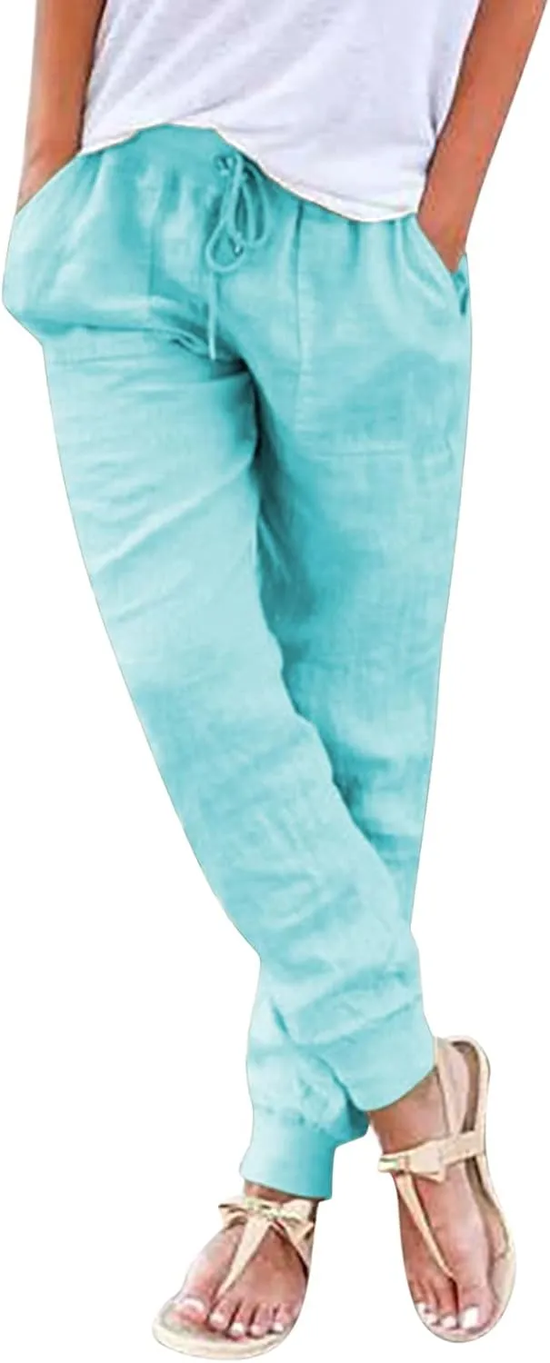 Linen Crop Pants for Women Casual Summer Elastic Waist Loose Fit Straight Leg Crop Pants Beach Trousers with Pockets