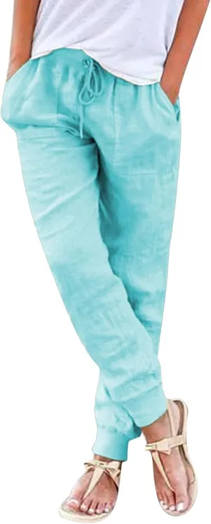 Linen Crop Pants for Women Casual Summer Elastic Waist Loose Fit Straight Leg Crop Pants Beach Trousers with Pockets