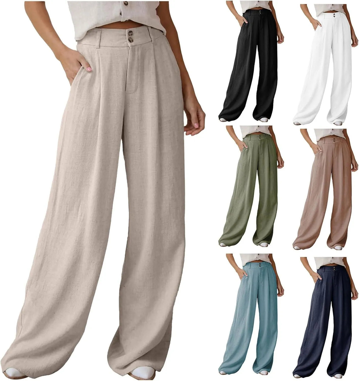 Linen Palazzo Pants for Women High Waisted Wide Leg Dress Pant Business Work Trousers Long Straight Suit Pants Outfits
