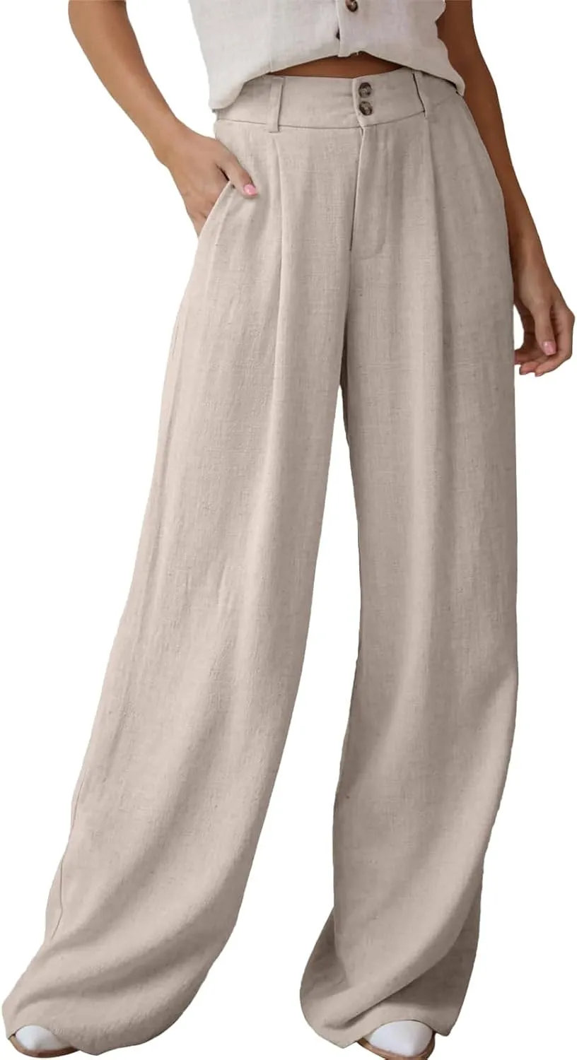 Linen Palazzo Pants for Women High Waisted Wide Leg Dress Pant Business Work Trousers Long Straight Suit Pants Outfits