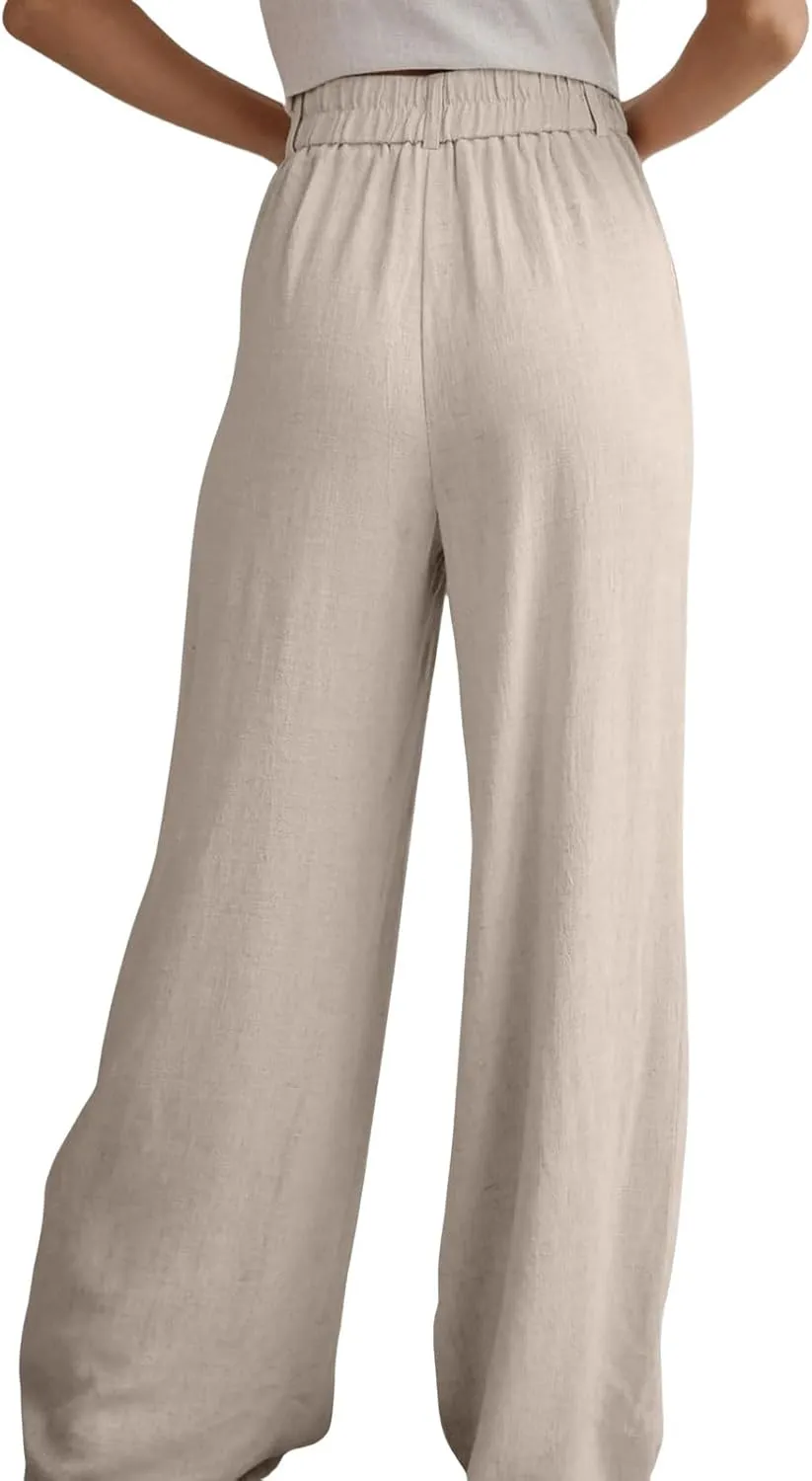 Linen Palazzo Pants for Women High Waisted Wide Leg Dress Pant Business Work Trousers Long Straight Suit Pants Outfits