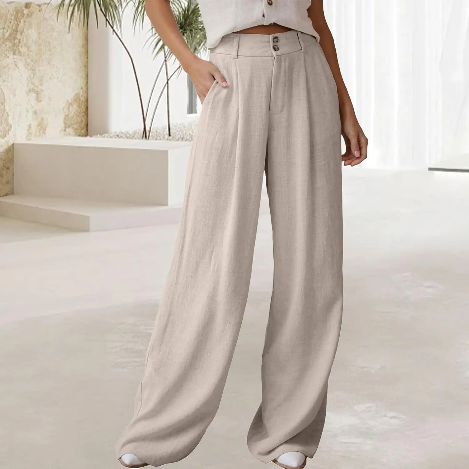 Linen Palazzo Pants for Women High Waisted Wide Leg Dress Pant Business Work Trousers Long Straight Suit Pants Outfits
