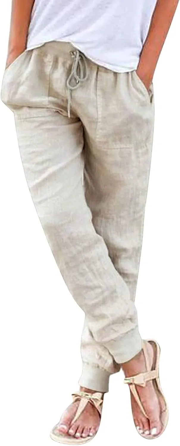 Linen Pants For Women 2025 Petite Summer Drawstring Elastic High Waist Comfy 2025 Lounge Vacation Tapered Trousers