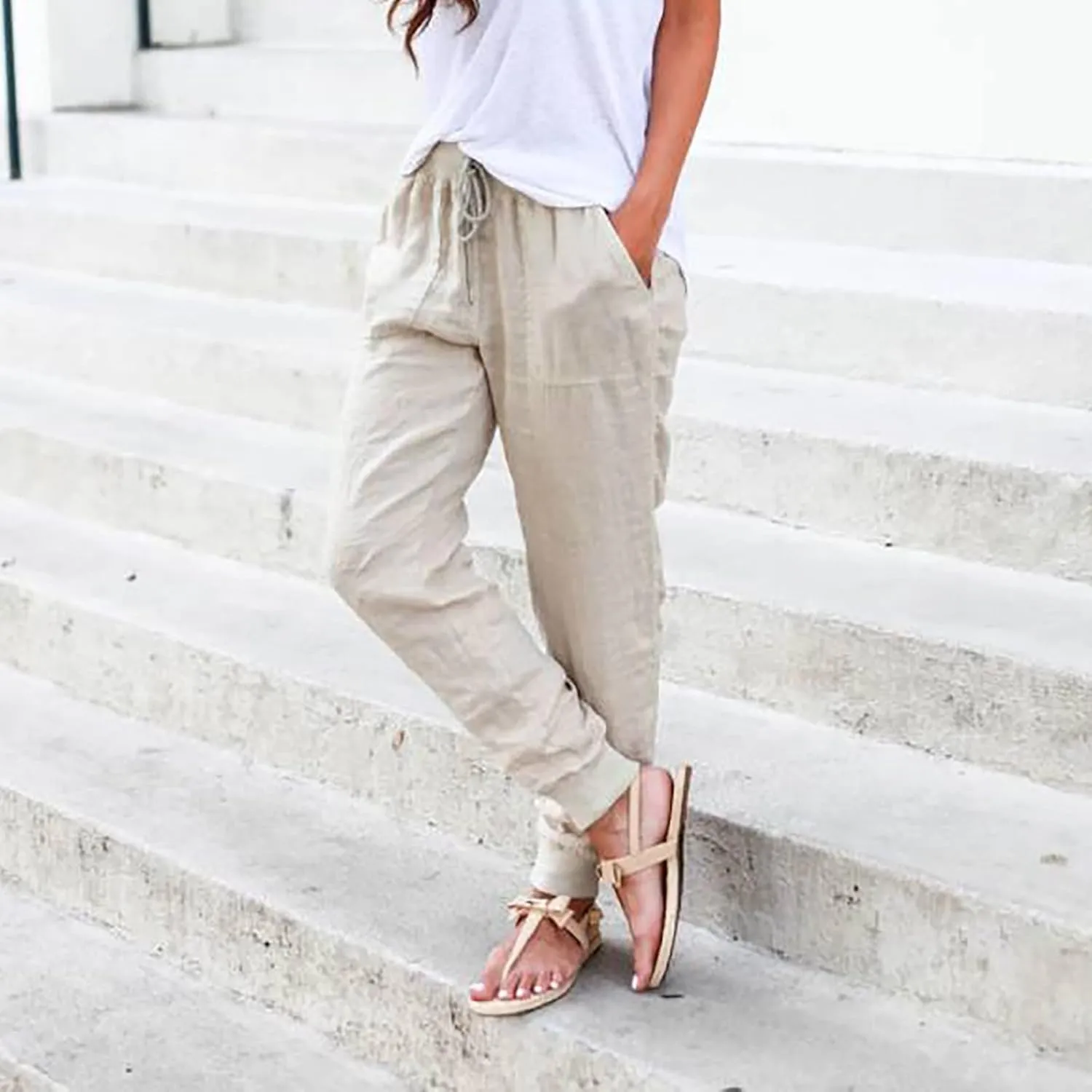 Linen Pants For Women 2025 Petite Summer Drawstring Elastic High Waist Comfy 2025 Lounge Vacation Tapered Trousers