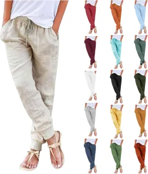 Linen Pants For Women 2025 Petite Summer Drawstring Elastic High Waist Comfy 2025 Lounge Vacation Tapered Trousers