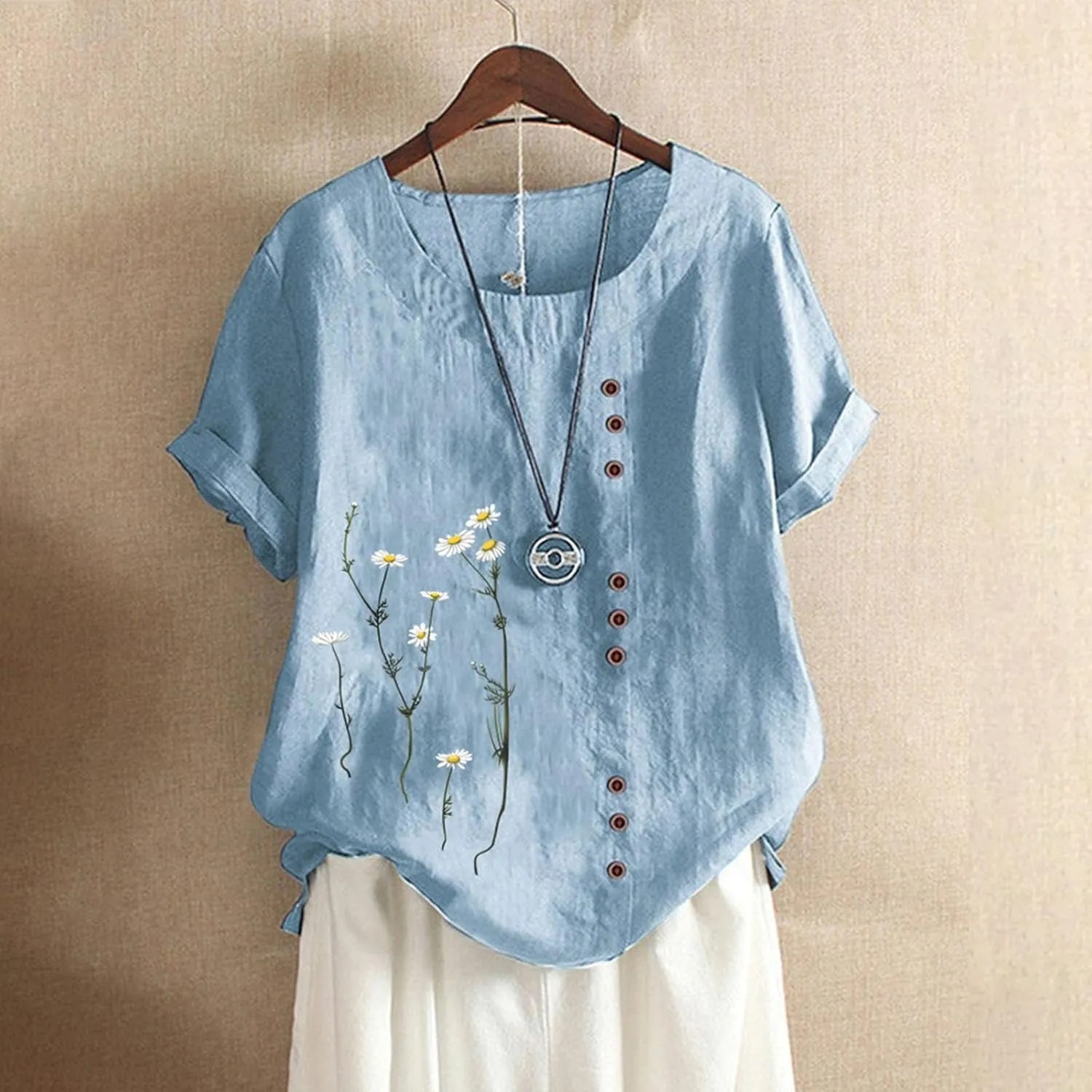 Linen Shirts for Women Plus Size Summer Trendy Short Sleeve Floral Printed T Shirt Loose Fit Graphic Tees Casual Tops