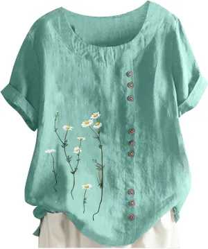 Linen Shirts for Women Plus Size Summer Trendy Short Sleeve Floral Printed T Shirt Loose Fit Graphic Tees Casual Tops