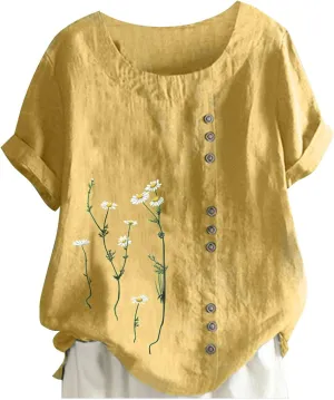 Linen Shirts for Women Plus Size Summer Trendy Short Sleeve Floral Printed T Shirt Loose Fit Graphic Tees Casual Tops