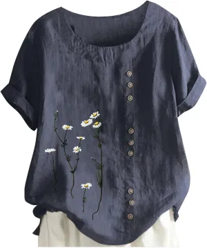 Linen Shirts for Women Plus Size Summer Trendy Short Sleeve Floral Printed T Shirt Loose Fit Graphic Tees Casual Tops