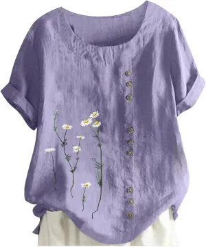 Linen Shirts for Women Plus Size Summer Trendy Short Sleeve Floral Printed T Shirt Loose Fit Graphic Tees Casual Tops