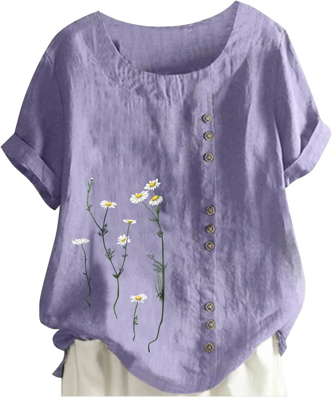 Linen Shirts for Women Plus Size Summer Trendy Short Sleeve Floral Printed T Shirt Loose Fit Graphic Tees Casual Tops