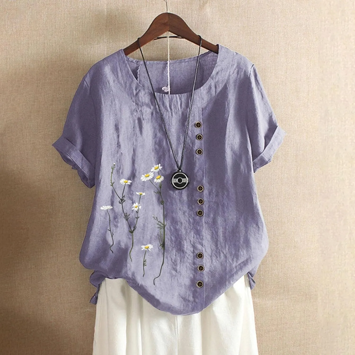 Linen Shirts for Women Plus Size Summer Trendy Short Sleeve Floral Printed T Shirt Loose Fit Graphic Tees Casual Tops