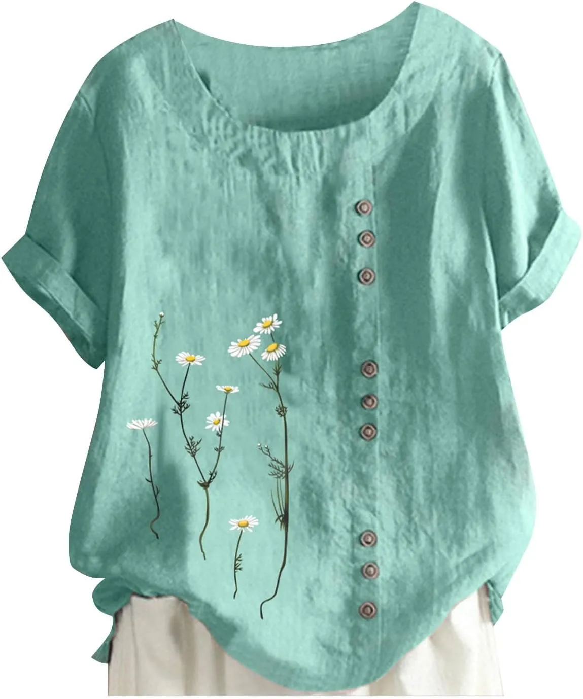 Linen Shirts for Women Plus Size Summer Trendy Short Sleeve Floral Printed T Shirt Loose Fit Graphic Tees Casual Tops