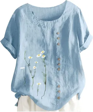 Linen Shirts for Women Plus Size Summer Trendy Short Sleeve Floral Printed T Shirt Loose Fit Graphic Tees Casual Tops