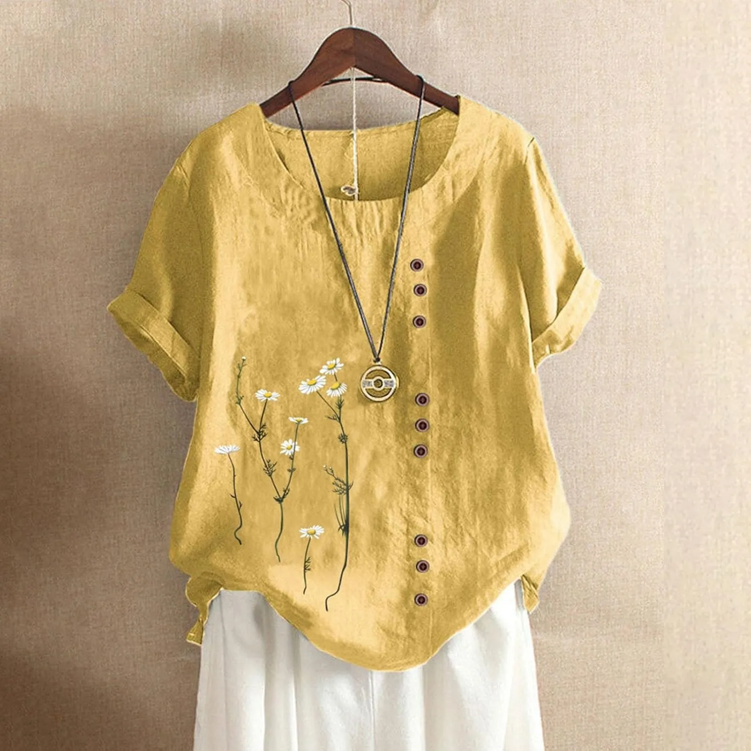 Linen Shirts for Women Plus Size Summer Trendy Short Sleeve Floral Printed T Shirt Loose Fit Graphic Tees Casual Tops