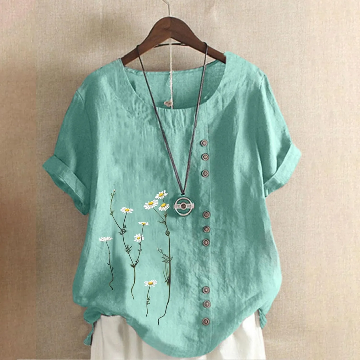 Linen Shirts for Women Plus Size Summer Trendy Short Sleeve Floral Printed T Shirt Loose Fit Graphic Tees Casual Tops