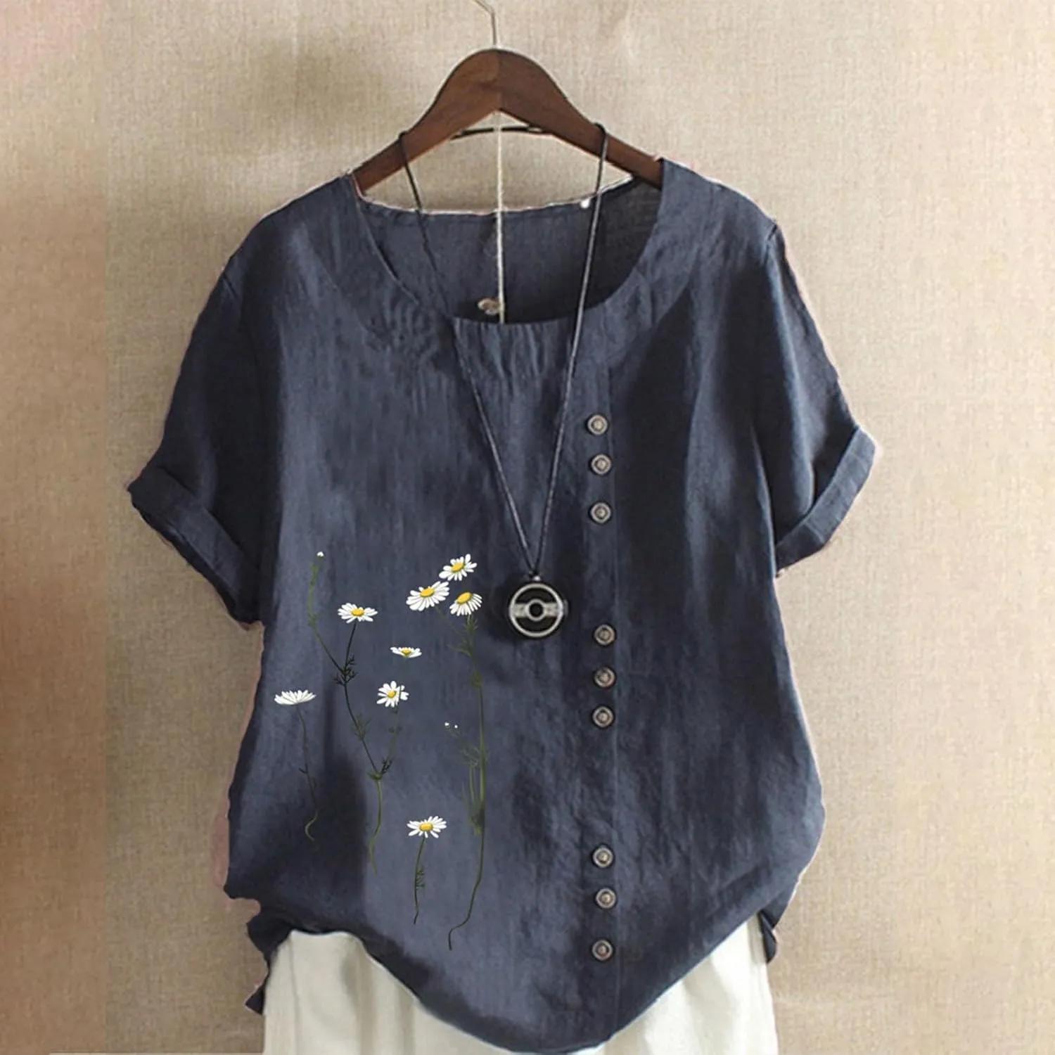 Linen Shirts for Women Plus Size Summer Trendy Short Sleeve Floral Printed T Shirt Loose Fit Graphic Tees Casual Tops