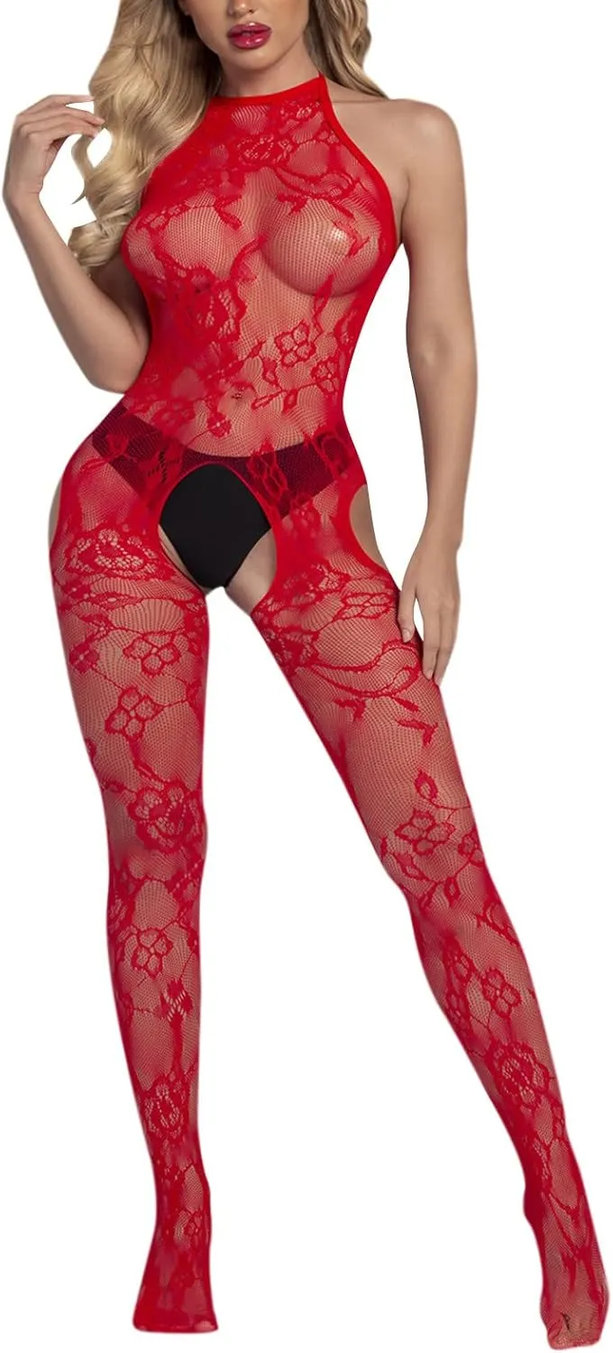 Lingerie for Women V-Neck Lace Full Body Stockings Cut Out Sleeveless Sheer Mesh Fishnet Lingerie Dress Sexy Bodysuit