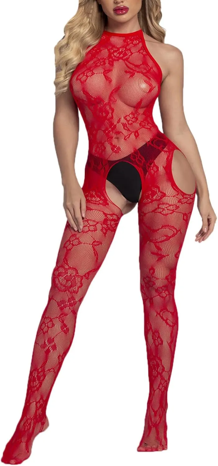 Lingerie for Women V-Neck Lace Full Body Stockings Cut Out Sleeveless Sheer Mesh Fishnet Lingerie Dress Sexy Bodysuit