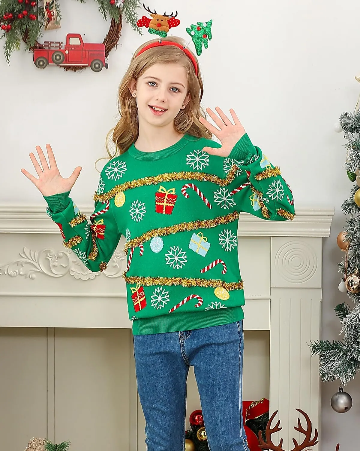 Lovekider 7-14 Years Girls Ugly Christmas Sweater for Kids Tinsel Garland Embellished Holiday Knit Pullovers