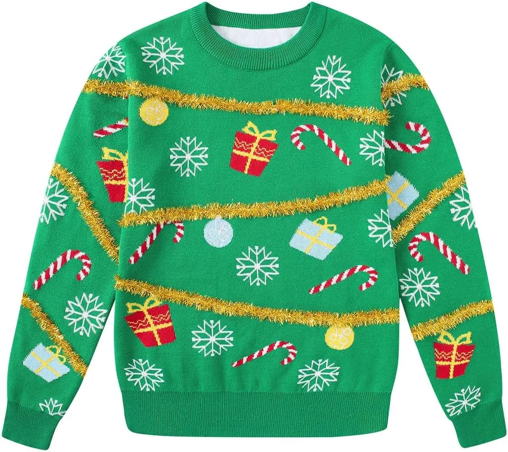 Lovekider 7-14 Years Girls Ugly Christmas Sweater for Kids Tinsel Garland Embellished Holiday Knit Pullovers