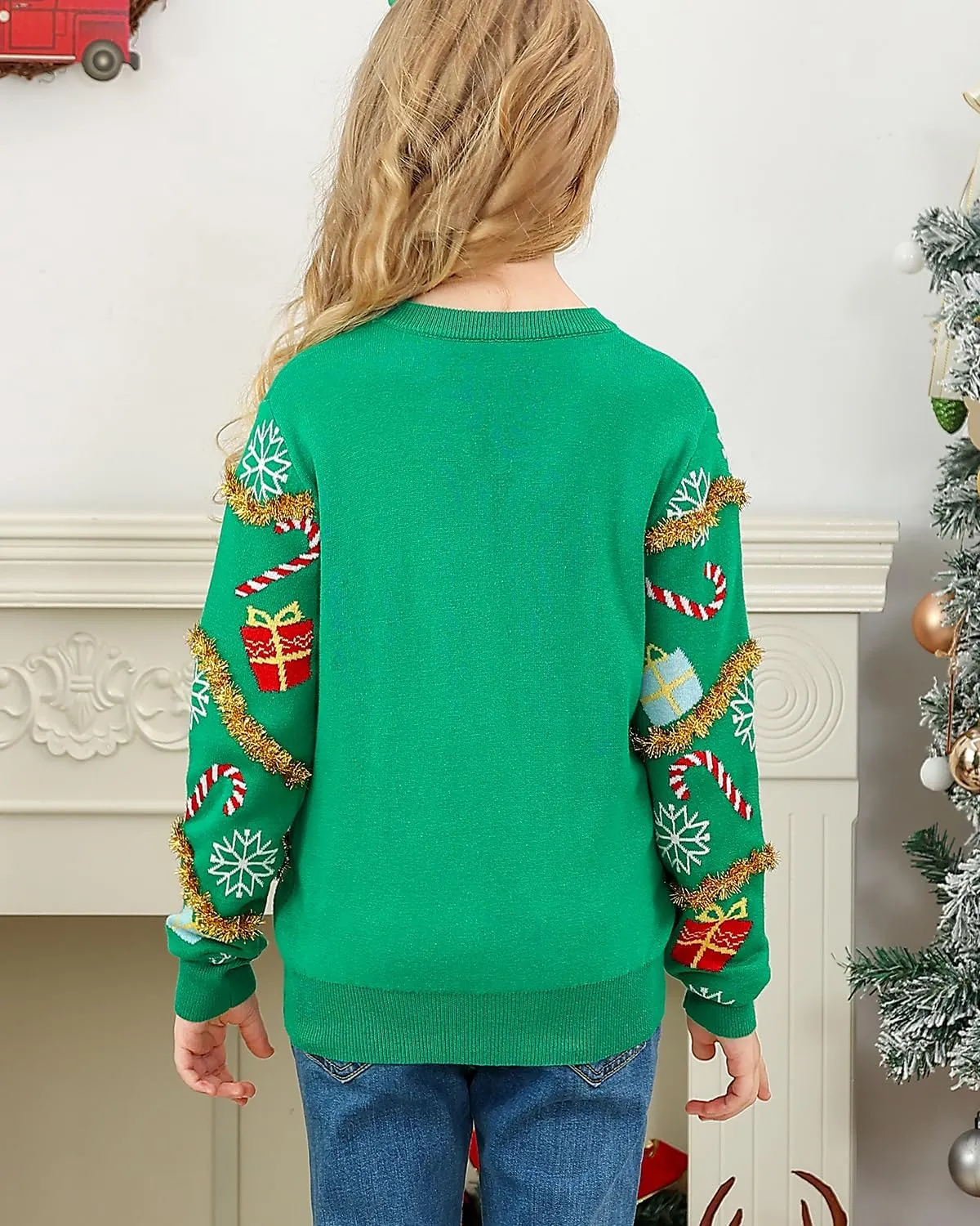 Lovekider 7-14 Years Girls Ugly Christmas Sweater for Kids Tinsel Garland Embellished Holiday Knit Pullovers