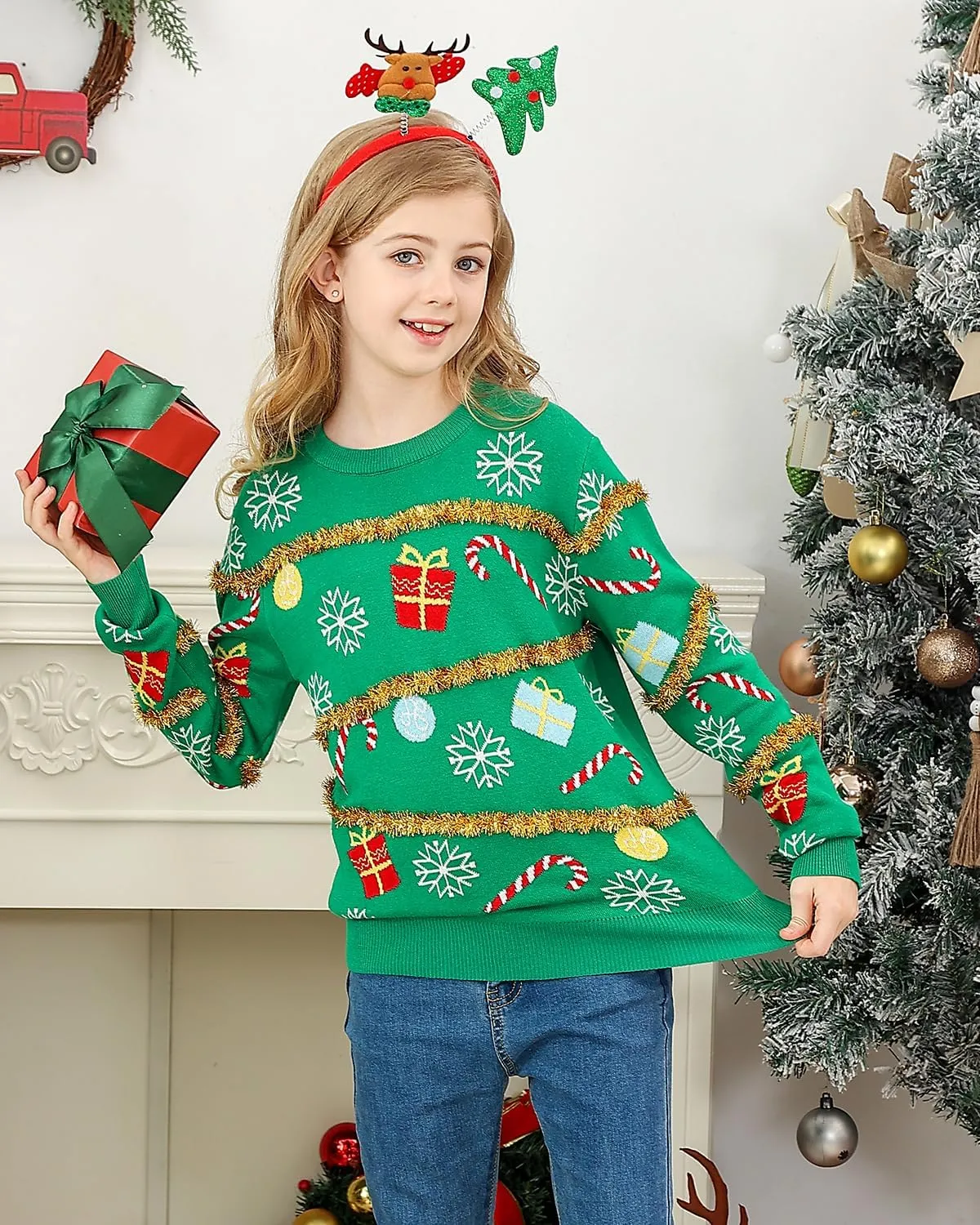 Lovekider 7-14 Years Girls Ugly Christmas Sweater for Kids Tinsel Garland Embellished Holiday Knit Pullovers