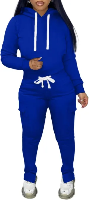 LovelyWholesale Women 2 Piece Outfits Long Sleeve Hoodies and Cargo Joggers Sweatsuit Sets
