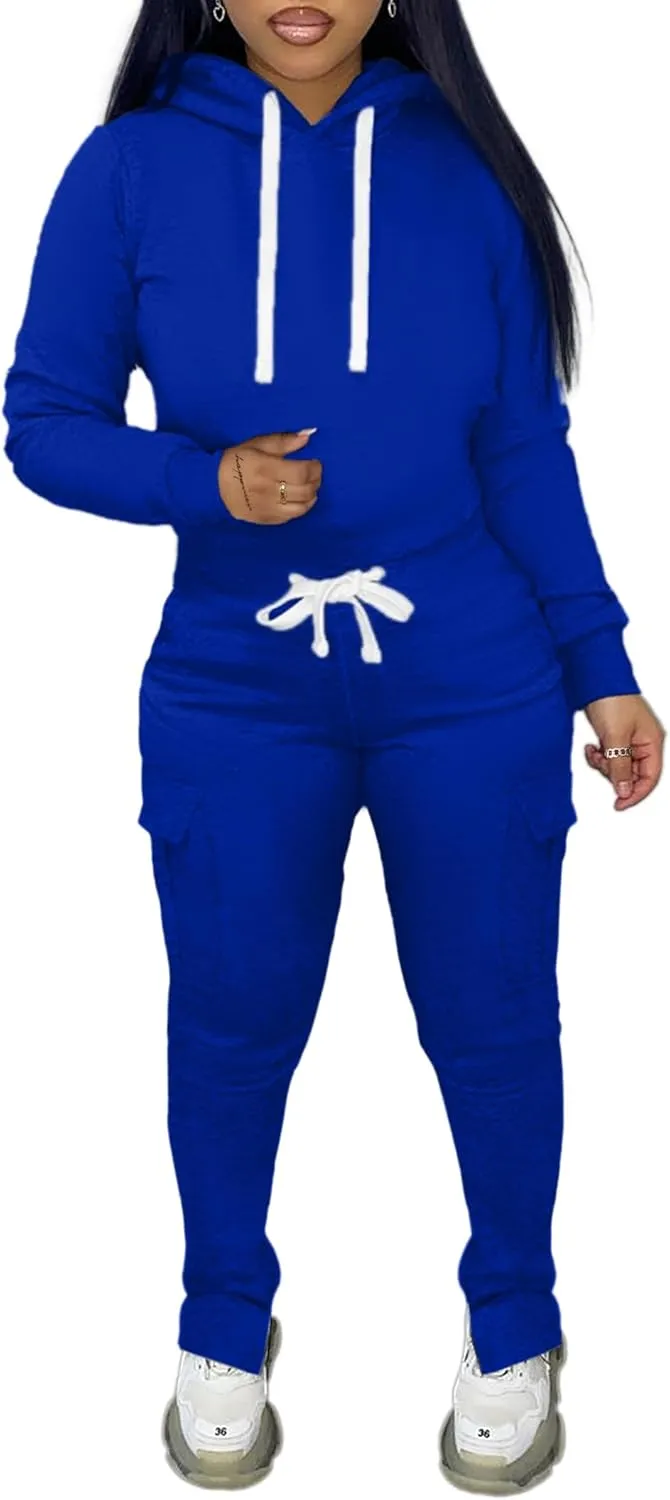 LovelyWholesale Women 2 Piece Outfits Long Sleeve Hoodies and Cargo Joggers Sweatsuit Sets