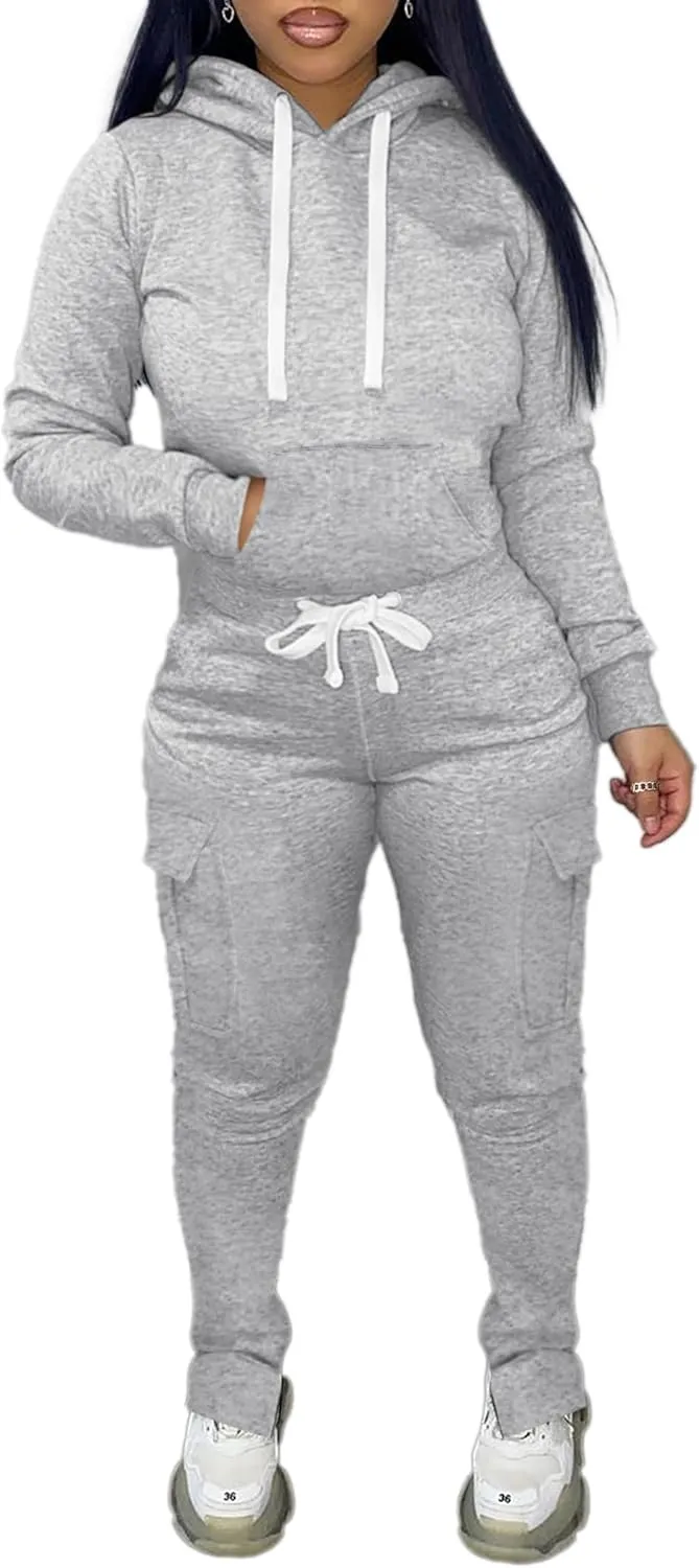 LovelyWholesale Women 2 Piece Outfits Long Sleeve Hoodies and Cargo Joggers Sweatsuit Sets