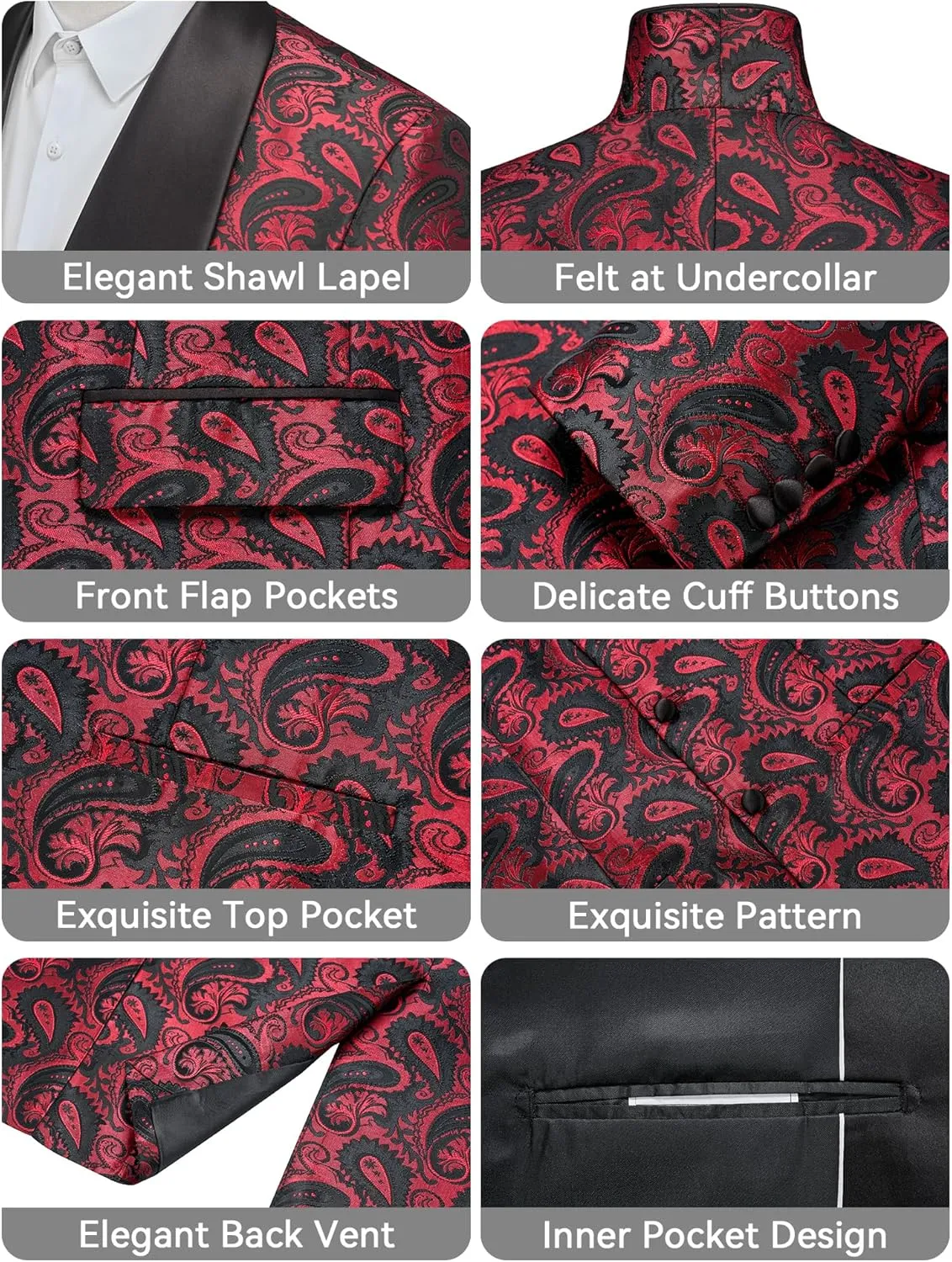 MAGE MALE Mens 3 Piece Floral Tuxedo Suits Slim Fit Paisley Shawl Lapel Suit for Dinner Prom Wedding