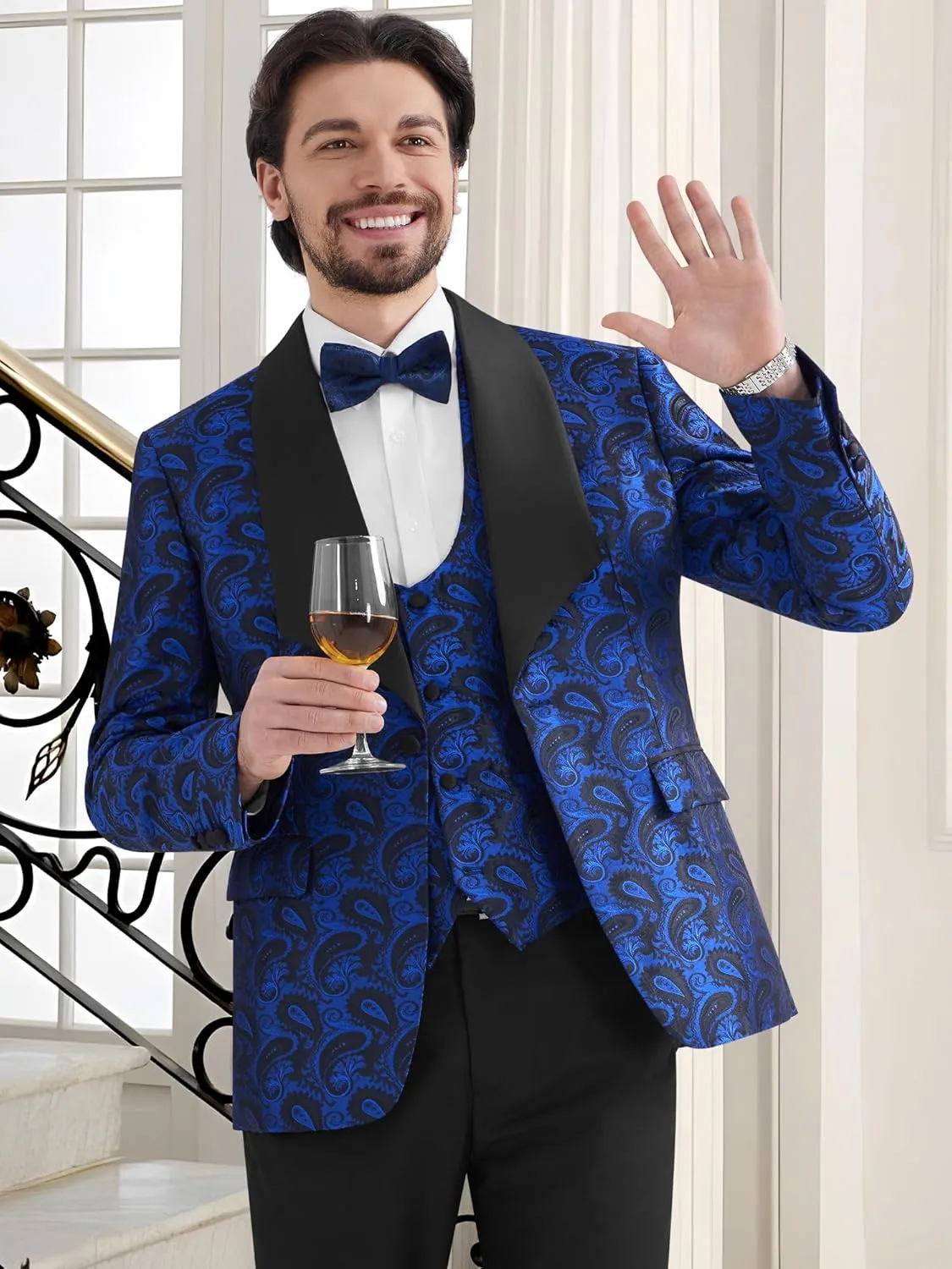 MAGE MALE Mens 3 Piece Floral Tuxedo Suits Slim Fit Paisley Shawl Lapel Suit for Dinner Prom Wedding