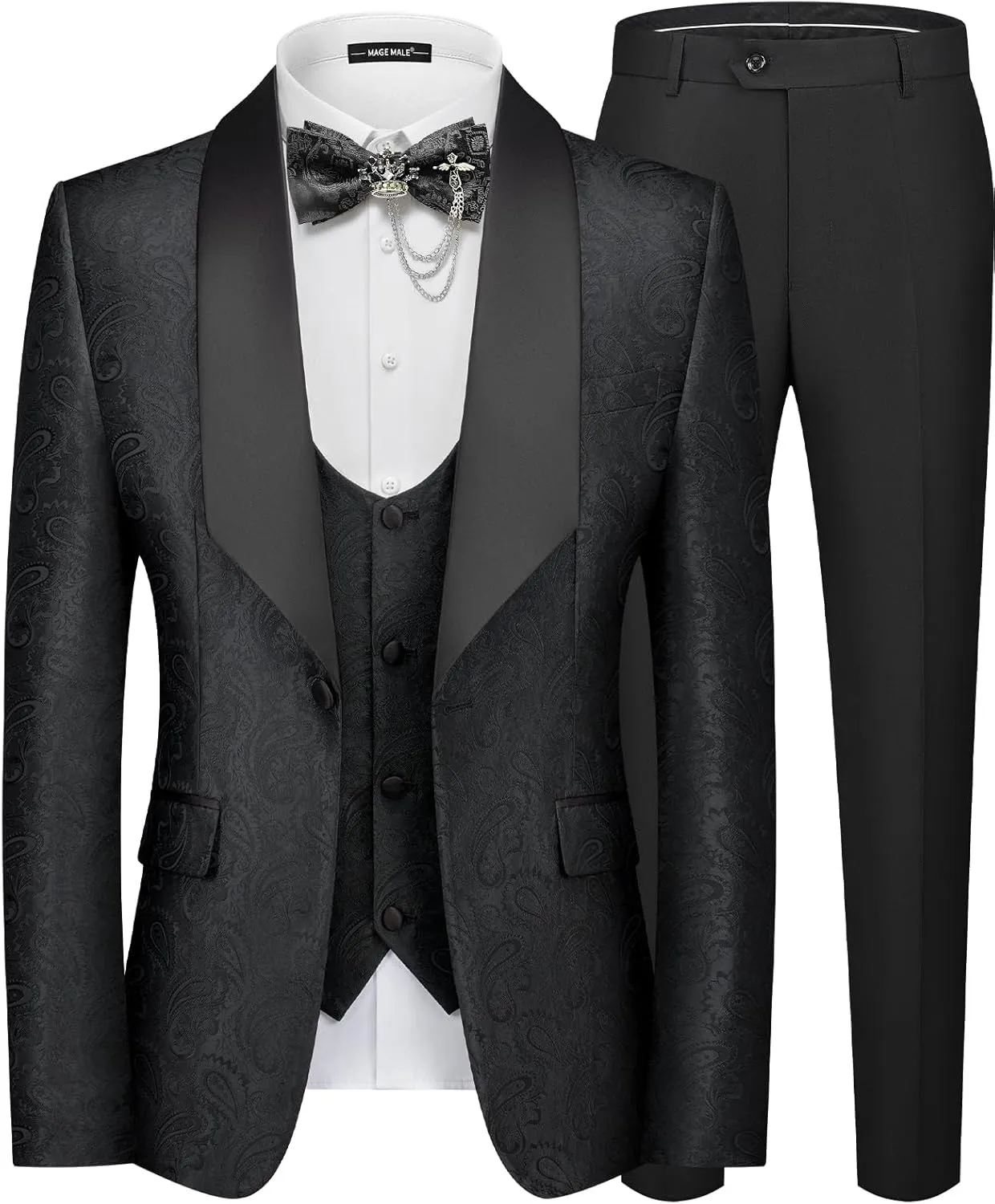MAGE MALE Mens 3 Piece Floral Tuxedo Suits Slim Fit Paisley Shawl Lapel Suit for Dinner Prom Wedding