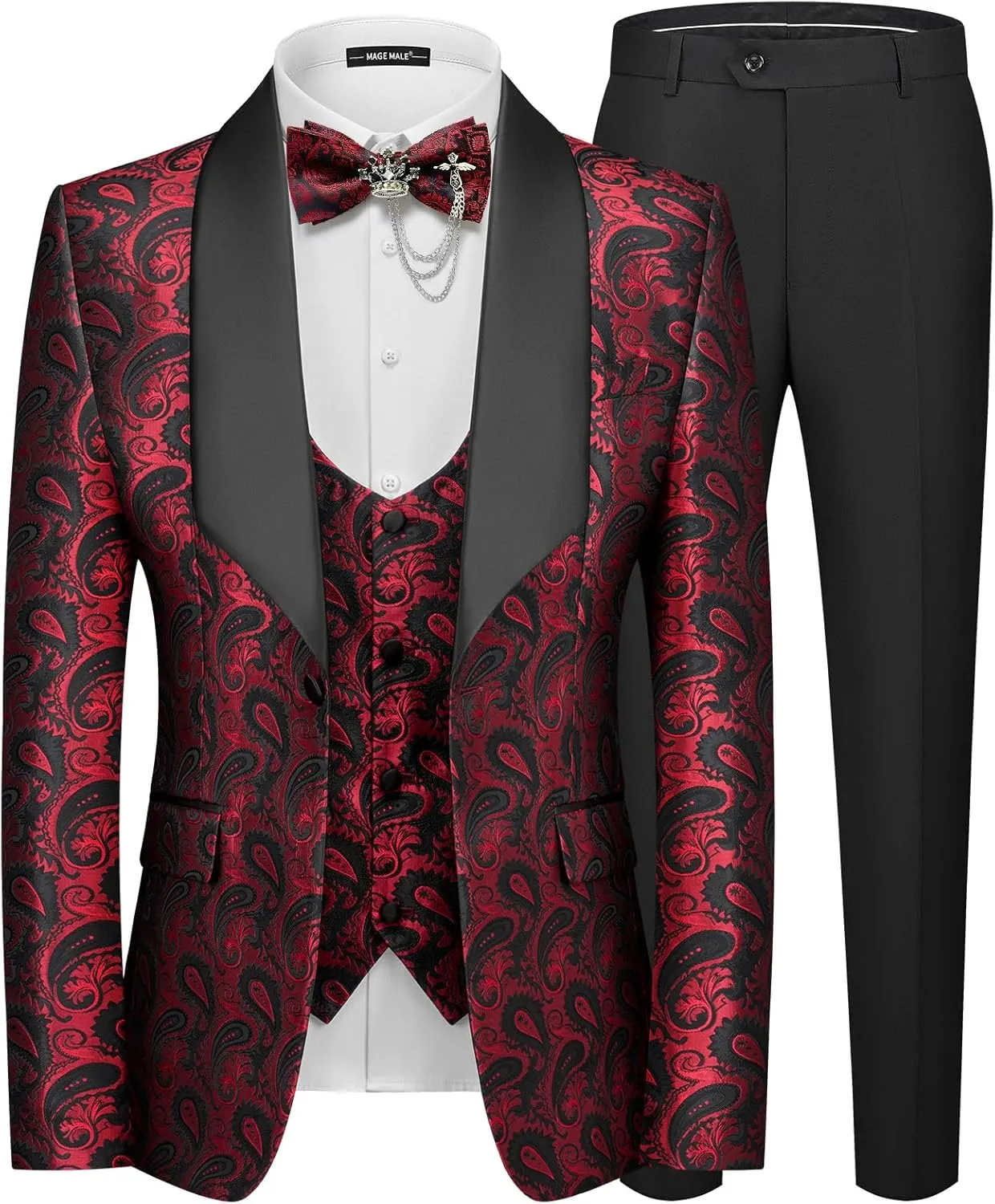 MAGE MALE Mens 3 Piece Floral Tuxedo Suits Slim Fit Paisley Shawl Lapel Suit for Dinner Prom Wedding