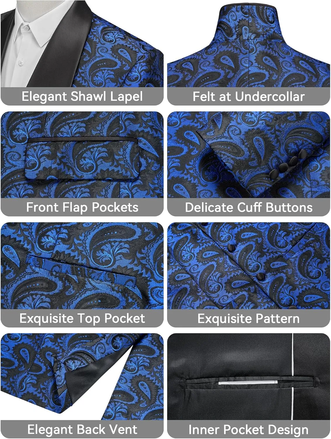 MAGE MALE Mens 3 Piece Floral Tuxedo Suits Slim Fit Paisley Shawl Lapel Suit for Dinner Prom Wedding