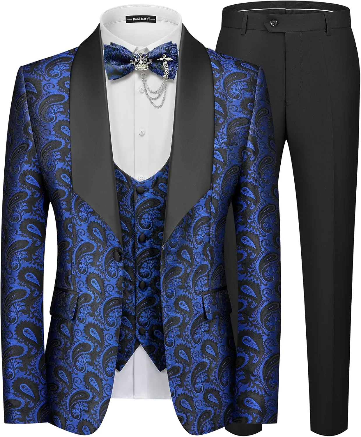 MAGE MALE Mens 3 Piece Floral Tuxedo Suits Slim Fit Paisley Shawl Lapel Suit for Dinner Prom Wedding
