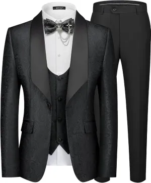 MAGE MALE Mens 3 Piece Floral Tuxedo Suits Slim Fit Paisley Shawl Lapel Suit for Dinner Prom Wedding