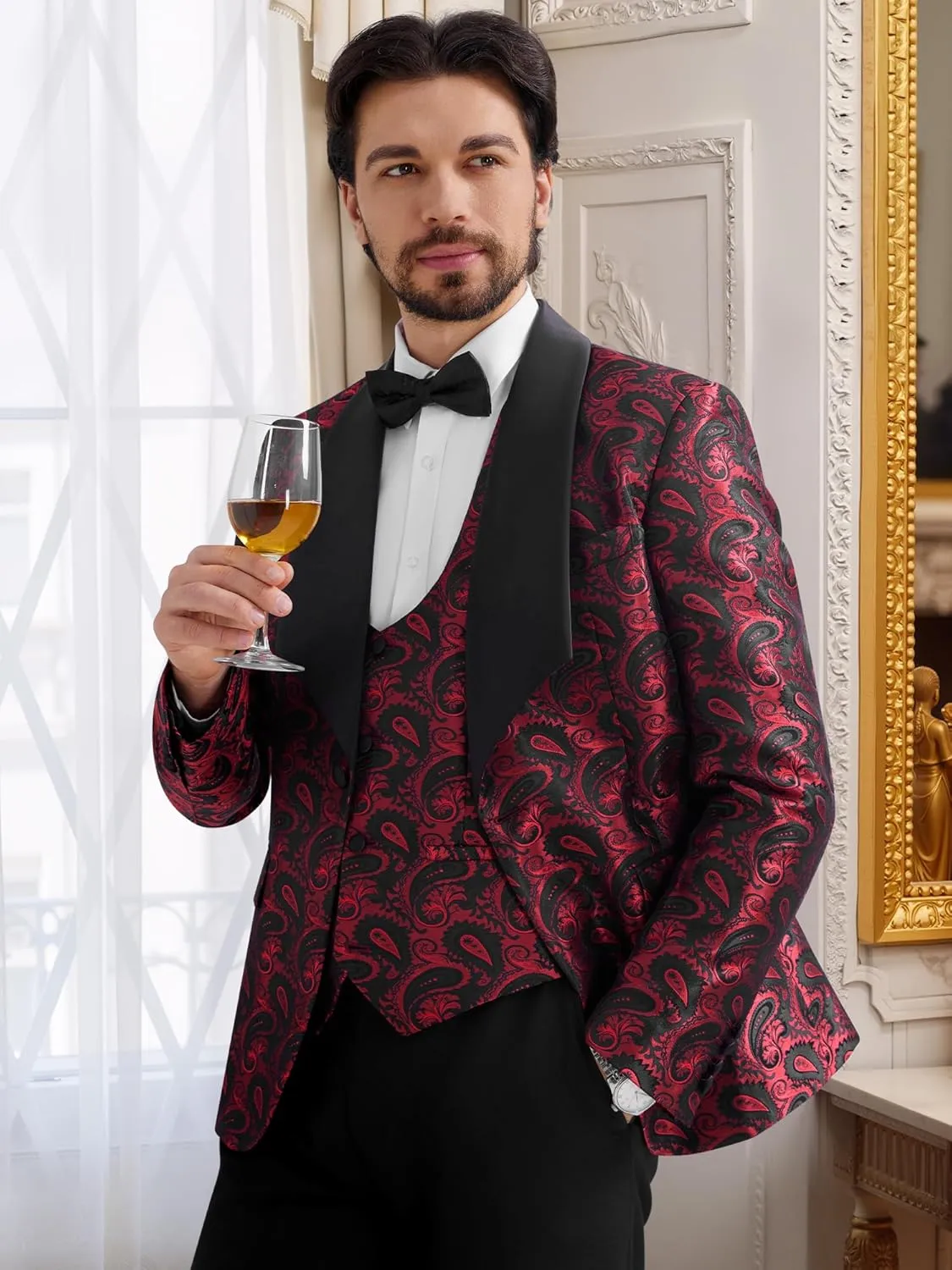 MAGE MALE Mens 3 Piece Floral Tuxedo Suits Slim Fit Paisley Shawl Lapel Suit for Dinner Prom Wedding